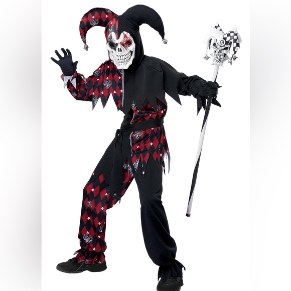 Sinister Jester Costume Unisex KIDS Size M Headpiece Mask Shirt Pants New Open - Picture 1 of 13
